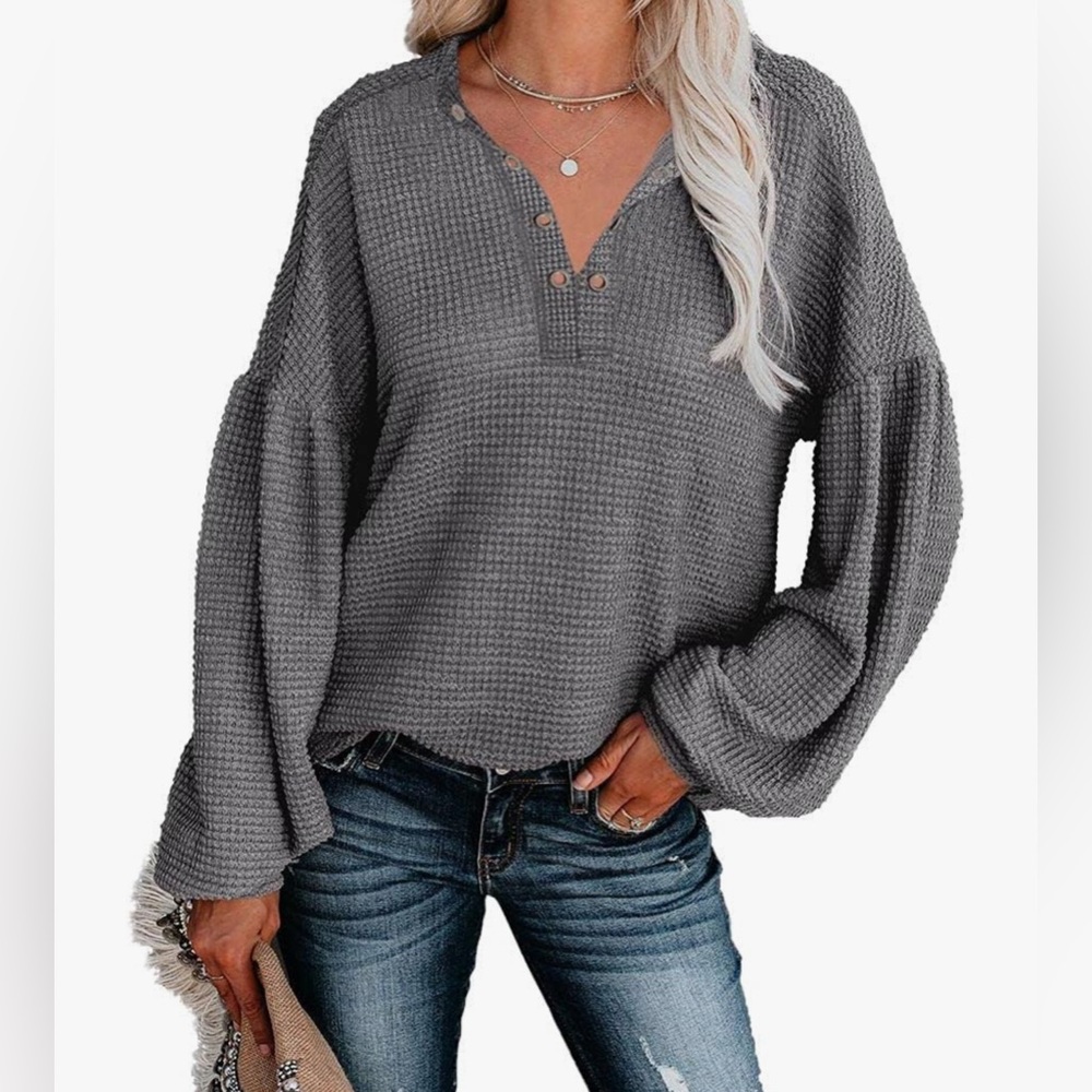 Women's Grey Waffle Knit Henley Top